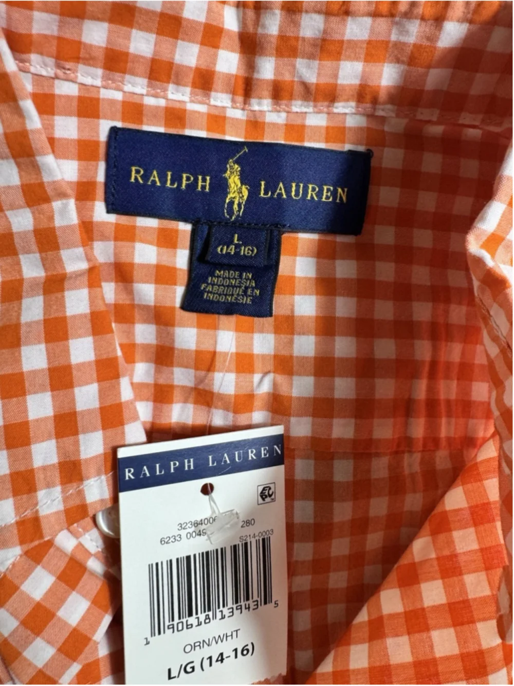 Ralph Lauren Shirt Boys Size Large 14-16 Orange Gingham Checkered Button Preppy